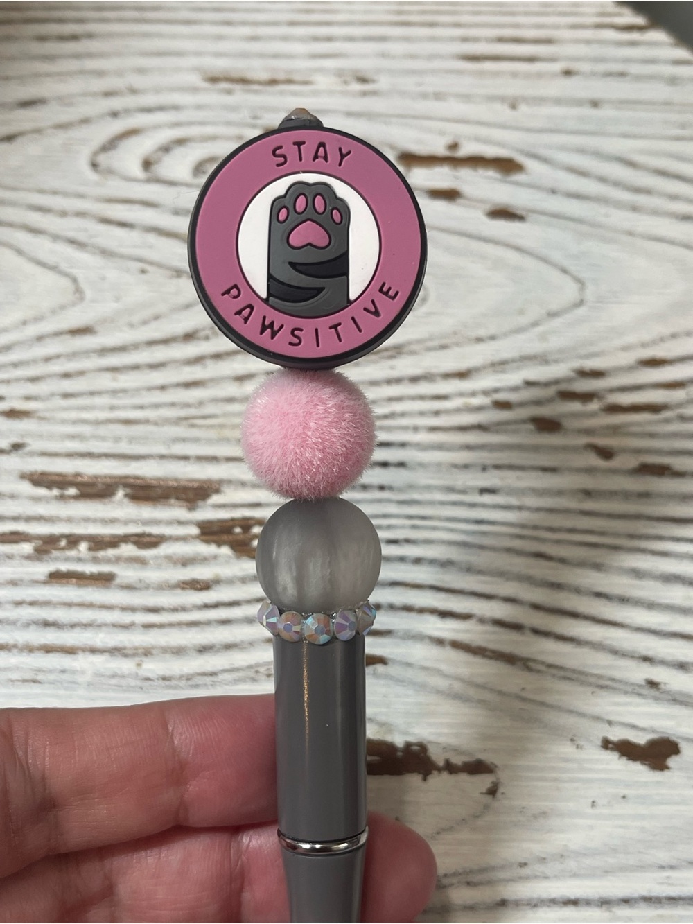 Hand Crafted Pink Stay Pawsitive Decorative Pen with Gray Barrel